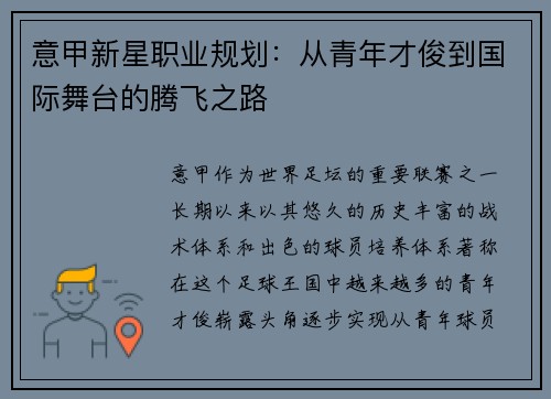 意甲新星职业规划：从青年才俊到国际舞台的腾飞之路