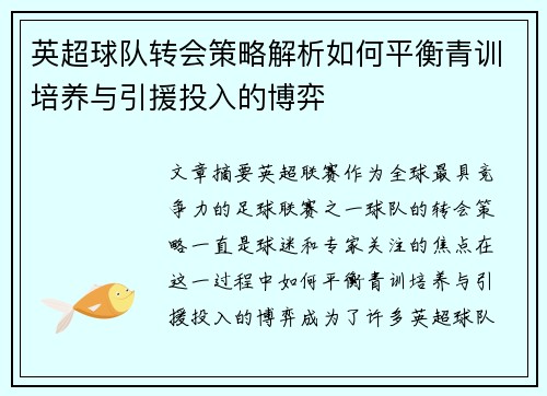 英超球队转会策略解析如何平衡青训培养与引援投入的博弈