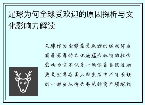 足球为何全球受欢迎的原因探析与文化影响力解读