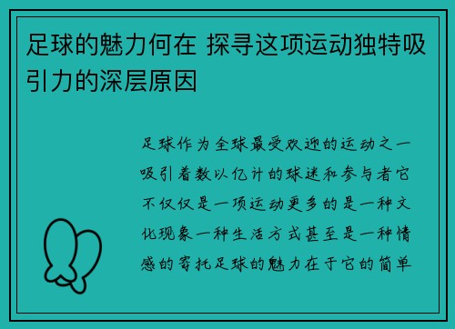 足球的魅力何在 探寻这项运动独特吸引力的深层原因